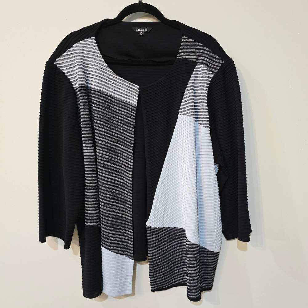 Misook Womens 2X Colorblock Knit Open Front Cardigan Jacket Black White‎ Grey